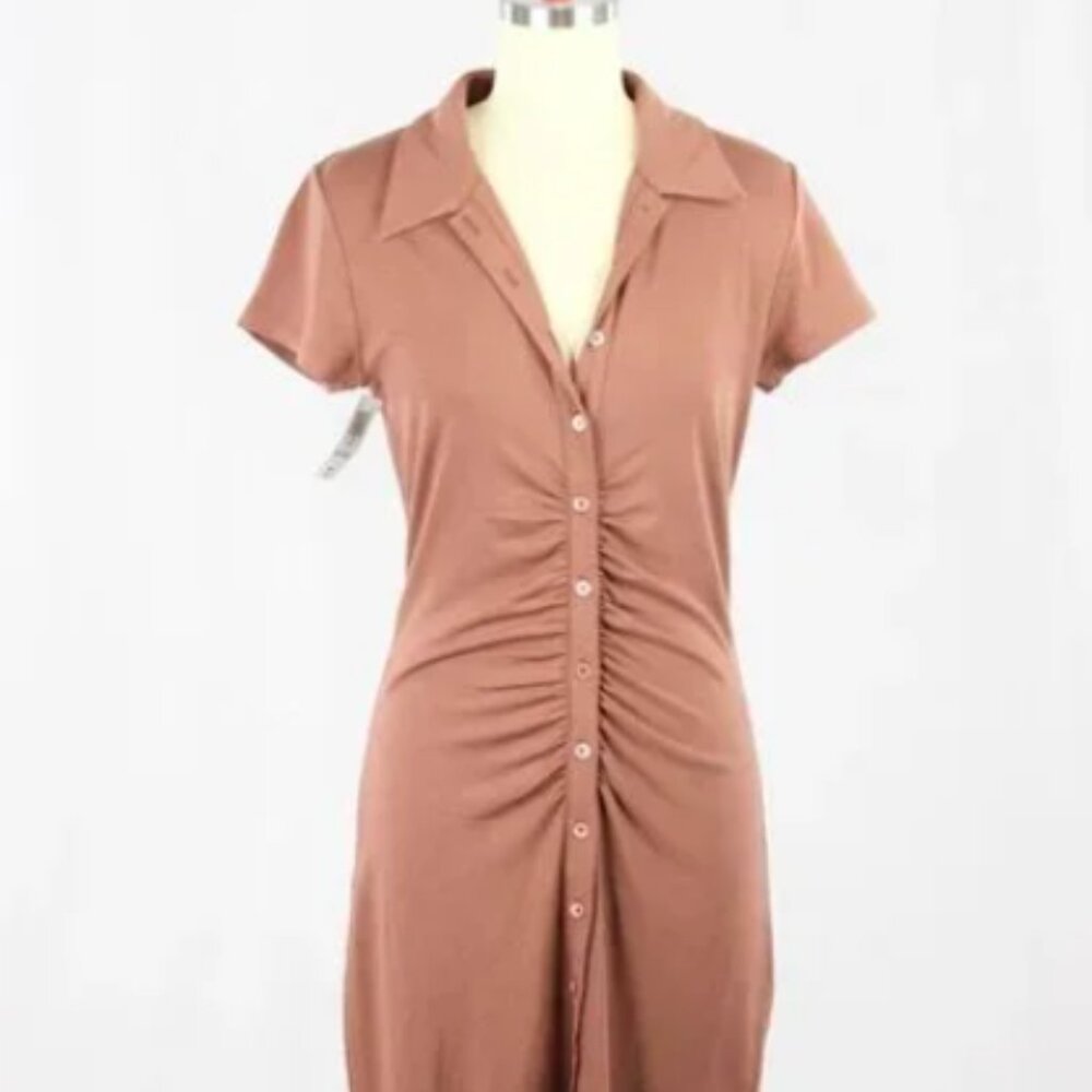 Aritzia Short Sleeve Button Front Ruched Visit Shirt Dress in Mocha Sorbet NWT